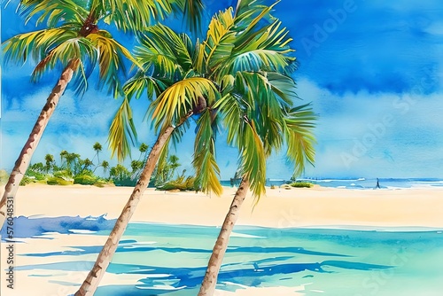 Summer beach with palm trees  watercolor background. Generative AI
