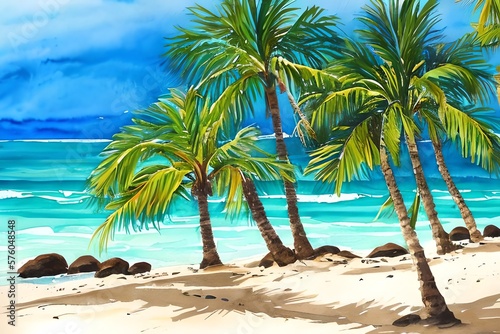 Summer beach with palm trees  watercolor background. Generative AI