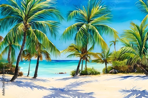 Summer beach with palm trees, watercolor background. Generative AI © Pixel Matrix