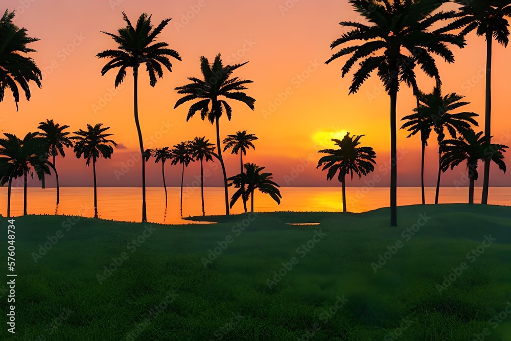 Synthase sunset, landscape with palm trees, 80s retro synthase color design ocean wave. Generative AI