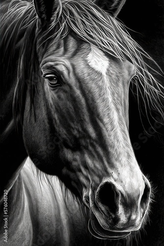 A horse in black and white pencil drawing