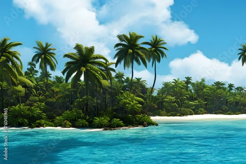 Tropical island paradise background with palms silhouette and sky. Generative AI