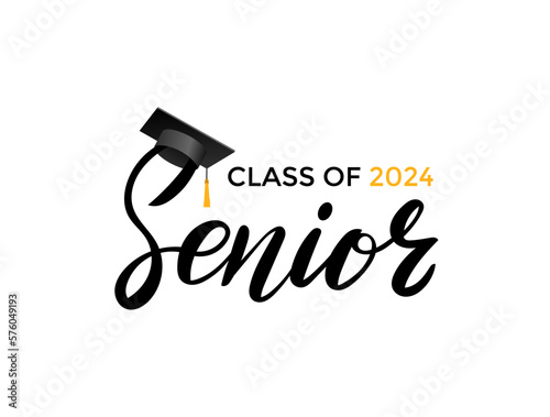 Calligraphy simple black ink lettering Senior Class of 2024. Design for print. Graduation 2024. Senior year template. Vector illustration. Modern design isolated on white background.
