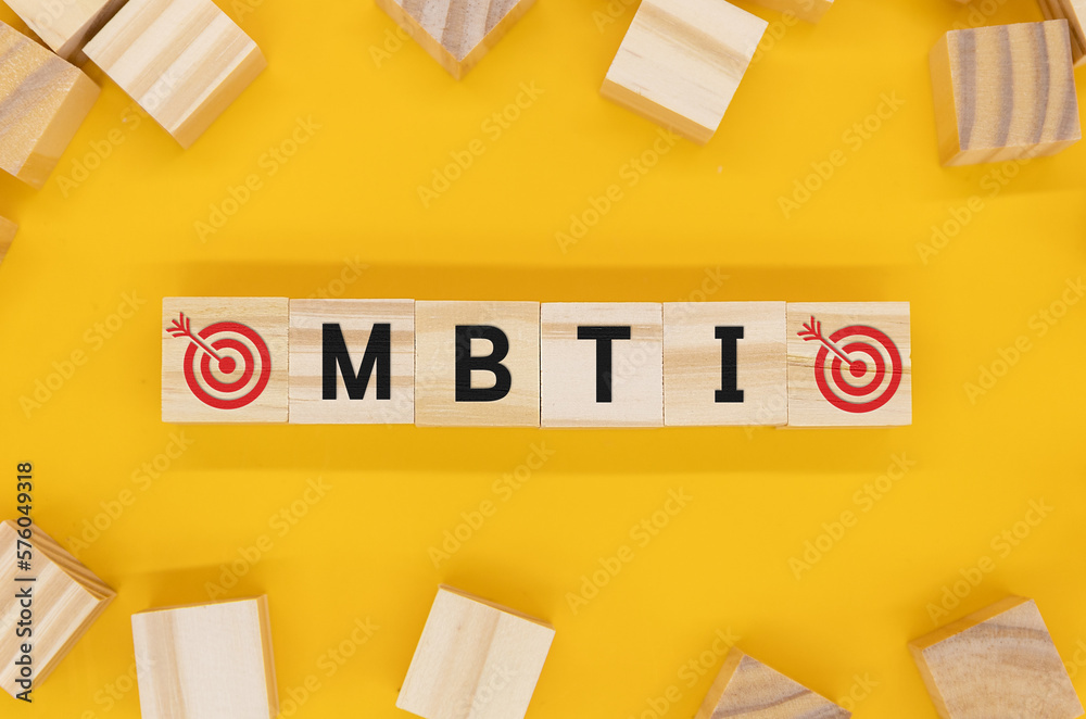 Four wooden blocks with the letter MBTI, Myers-Briggs Type Indicators Four wooden blocks with the letter MBTI, Myers-Briggs Type Indicators