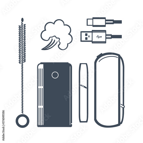 Electronic cigarettes, tobacco heaters and accessories. Vape shop icons. Isolated on a light background. Vector. 