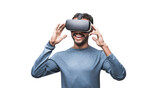 Young man using virtual reality headset isolated in transparent PNG, VR, future gadgets, technology, virtual event, video game concept