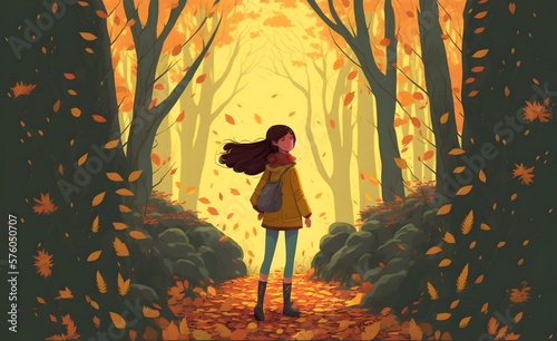 young girl standing in the autumn forest, illustration, Generative AI