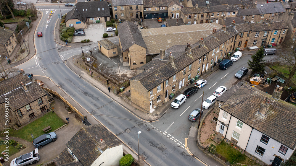 Aerial drone photo of the Village of Netherton near Huddersfield, in the Kirklees metropolitan borough of West Yorkshire, England showing the residential houses in the winter time