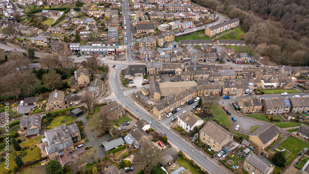 Aerial drone photo of the Village of Netherton near Huddersfield, in the Kirklees metropolitan borough of West Yorkshire, England showing the residential houses in the winter time