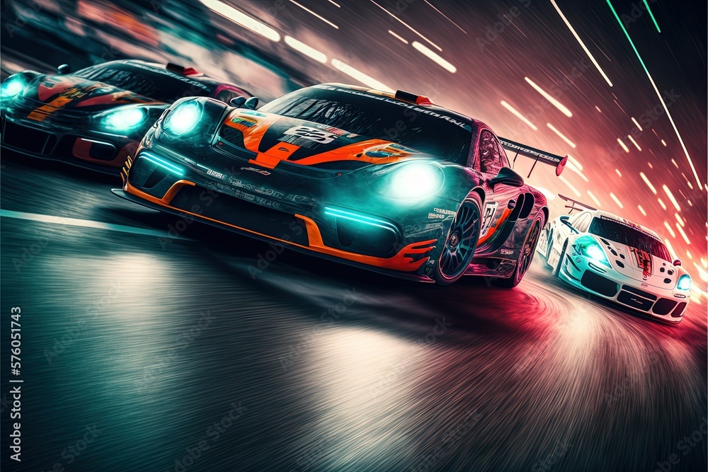 Φωτογραφία Race cars on futuristic track, in full speed, with neon lights, flames and spark