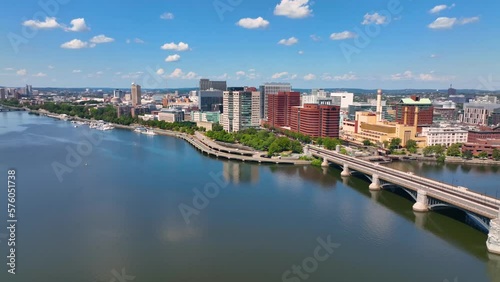 Boston modern city skyline including Cambridge, Financial District and Beacon Hill, with Longfellow Bridge cross over Charles River in Boston, Massachusetts MA, USA.  photo