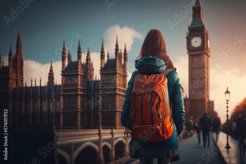 Back view of woman tourist with a backpack is walking near London Big Ben. Generative AI photo