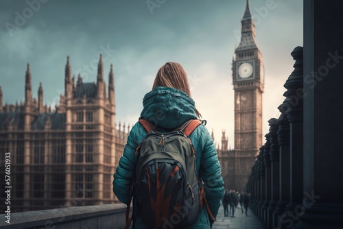 Attractive Caucasian Young Adult Female Explorer As She Is Walking Across The Bridge In front Of The Big Ben. Generative AI