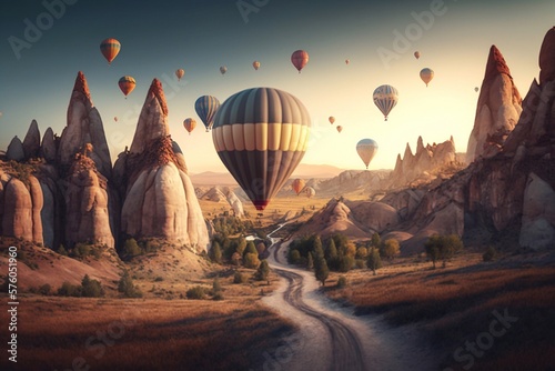Colorful hot air balloon flying over Cappadocia, Turkey. Generative AI
