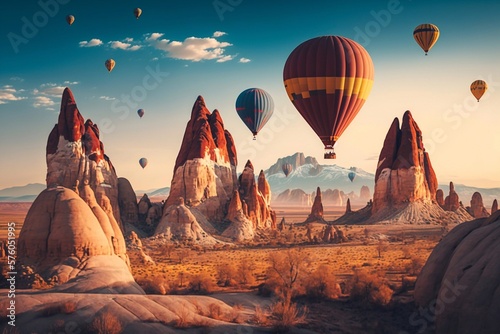 Hot air balloons rise above desert landscape. Generative AI