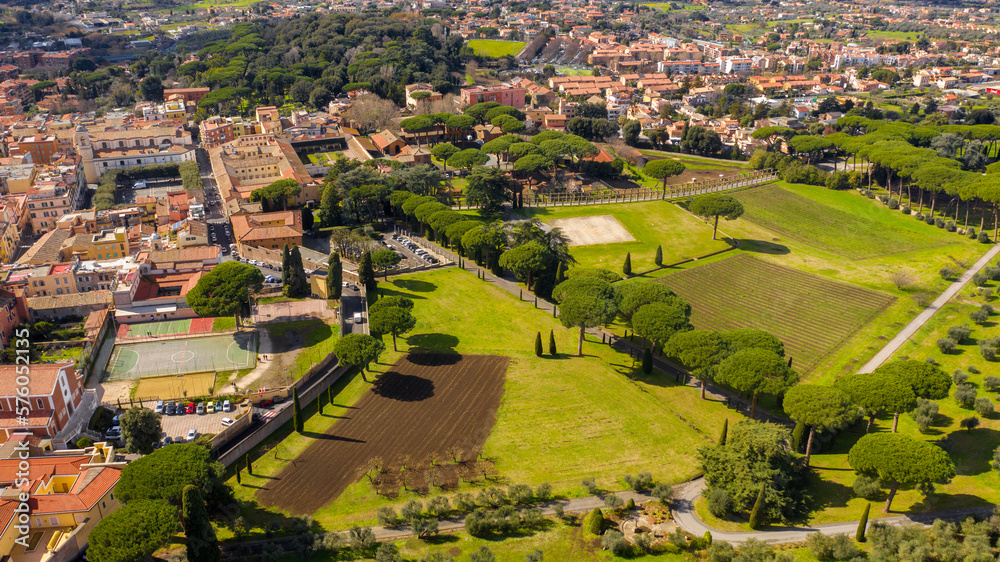 Aerial view of Albano Laziale, a comune in the Metropolitan City of Rome, on the Alban Hills, in Latium, central Italy. Located in the Castelli Romani area of Lazio. It is known simply as Albano.