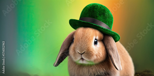 Cute rabbit wearing a green hat celebrating Saint Patrick Day on blurred background. Generative AI