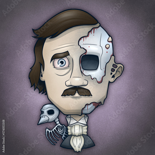Edgar Allen Poe Zombie with a Raven Skeleton  photo