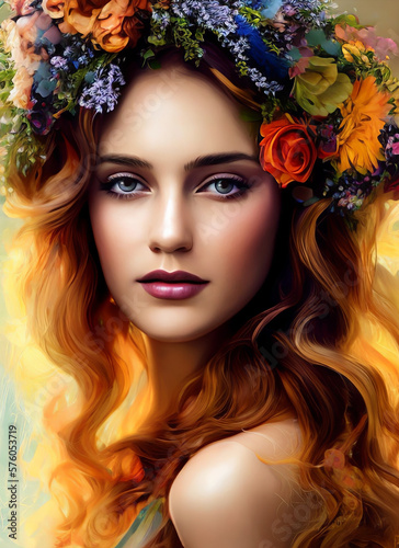 Painting of the face of a beautiful woman, Portrait of a beautiful woman with flowers. Generative AI © Eduardo