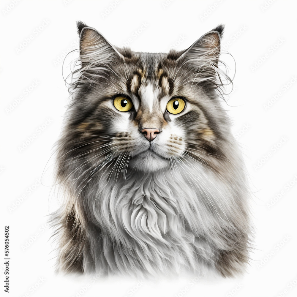 Fototapeta premium Realistic head Norwegian Forest Cat on a white background, generative AI