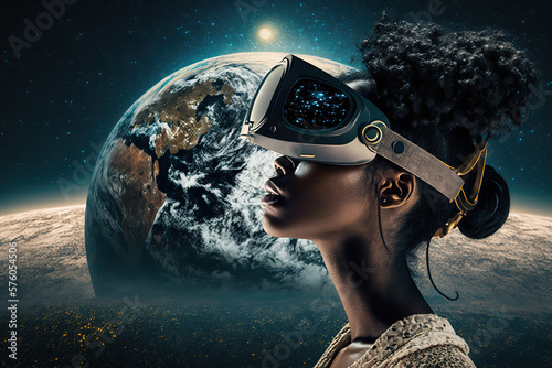 Young woman using virtual reality glasses, generative AI