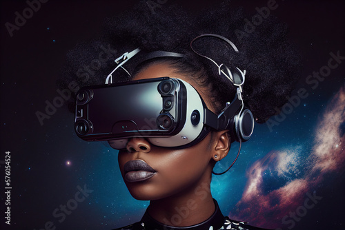 Young woman using virtual reality glasses, generative AI