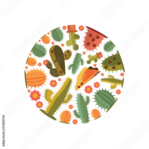 cactus background. decorative green desert plants. desert cacti, spiked flowers.vector flat cartoon simple circle shape