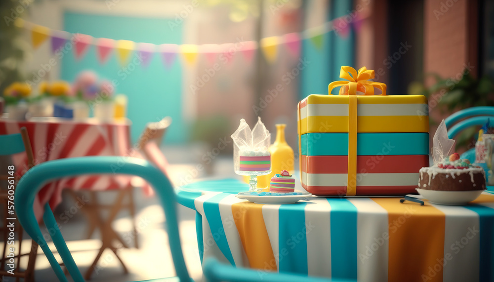 Brightly colored candies and sweet treats abound on a table set for a joyful birthday party, complete with balloons, streamers, and party favors - ai generated Brightly colored candies and sweet treats abound on a table set for a joyful birthday party, complete with balloons, streamers, and party favors - ai generated