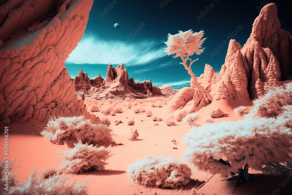 Desert alien landscape in infrared. Huge mountains against strange cloudy sky. Fantasy landscape. Alien planet. Generative AI illustration.