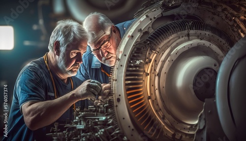aircraft engineers repairing and maintaining jet airplane, Generative AI