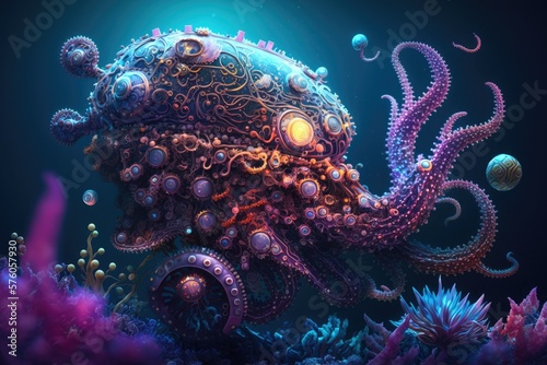 Part robotic submarine, part octopus-like creature on wheels moving underwater. Synthwave, bioluminescence, tentacles. AI generative