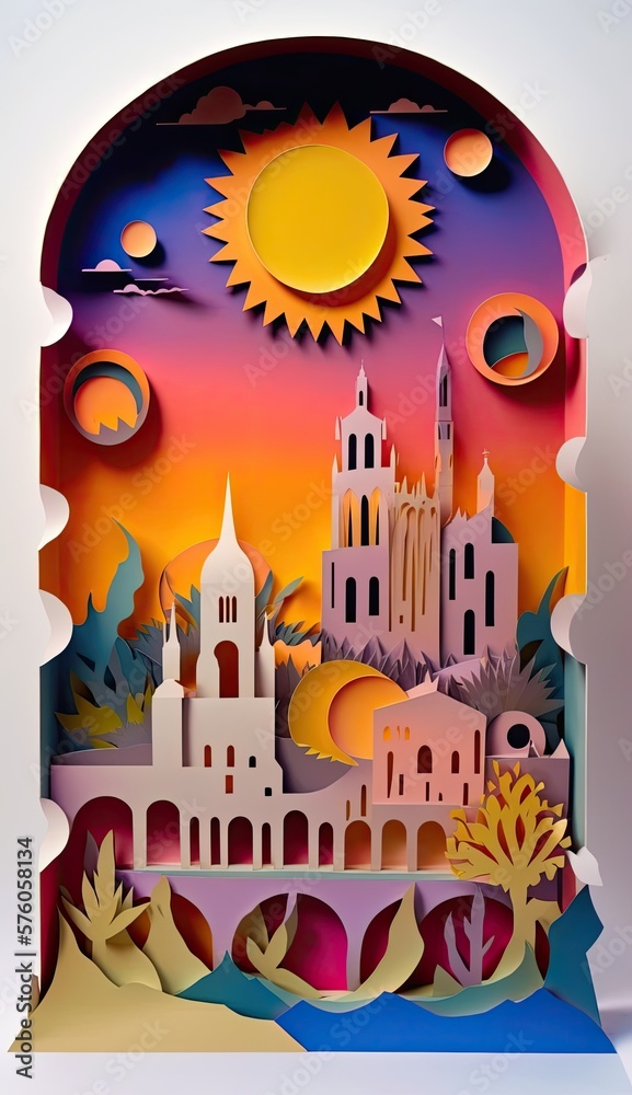 Spain, paper art collage from layered colored paper, travel background, AI generative