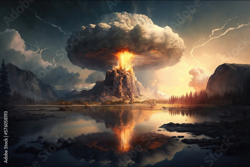 apocalypse and nuclear mushroom from explosion, environmental disaster and nuclear war, Generative AI.