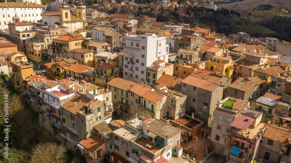 Aerial view of the historic center of Ariccia, in the Metropolitan City of Rome, Italy. The small houses of the town are built between the traditional alleys.