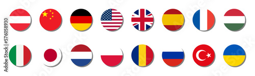 Round Flag Icon Set of Austria China Germany USA UK Spain France Hungary Italy Japan Netherlands Poland Romania Russia Turkey Ukraine Flag Button Symbol with 3D Shadow Effect. Vector Image. photo