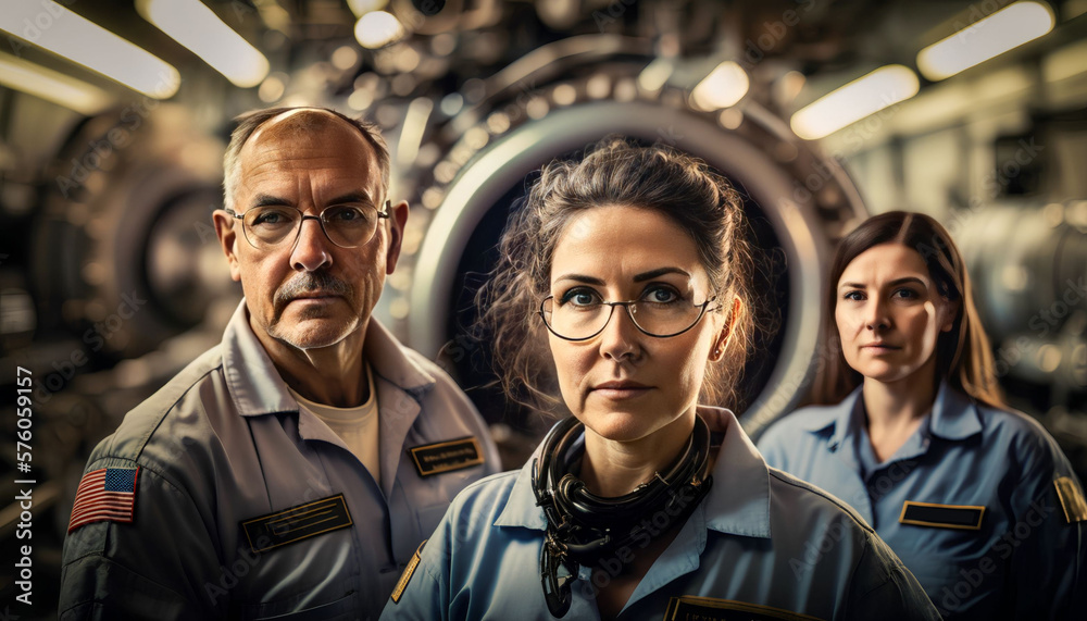 portrait Team of aircraft engineers repairing and maintaining jet airplane, Generative AI