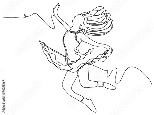 Expressive ballerina with flowing hair and one line dress on a white background. Stock vector illustration with editable stroke.