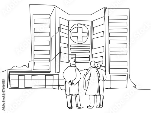 Council of doctors on the background of the clinic in one line on a white background. Conceptual image with hospital and attending doctors. Stock vector illustration with editable stroke.