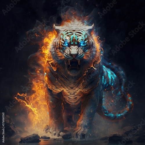 Fantasy scene of a angry tiger dressed with fire and ice on a forest - Wonderful illustration