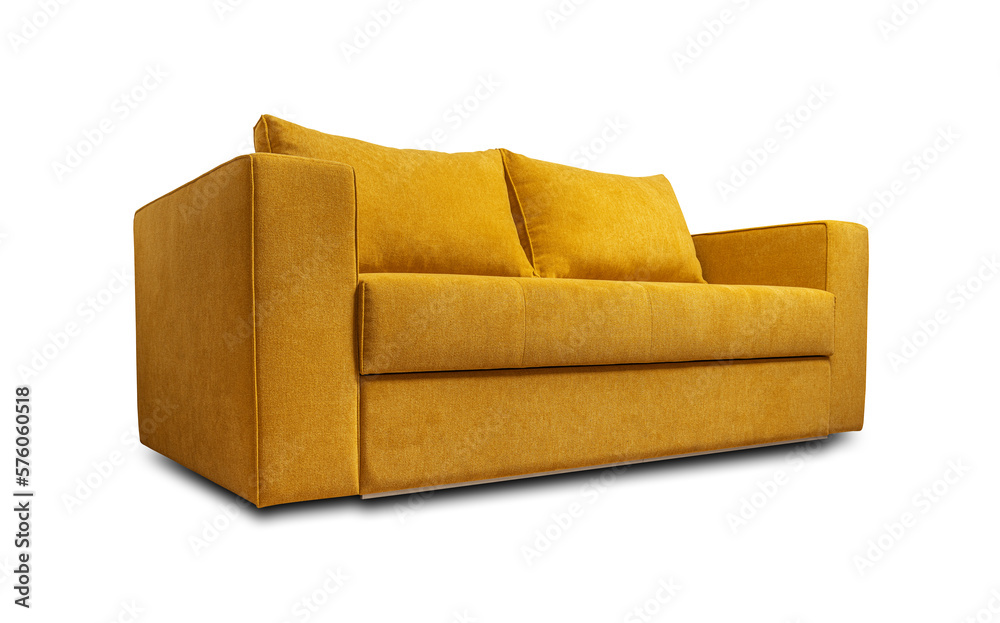 Yellow soft sofa isolated on transparent and white background.