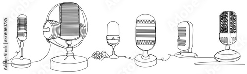 Studio microphones in one line on a white background. The concept of studio sound equipment. Stock vector illustration with the edited Stroke.
