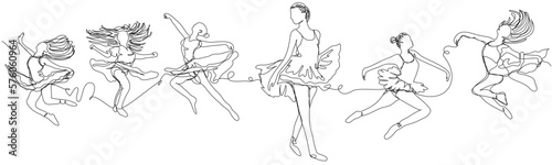 The ballerina dances in one line. Girls in ballet dresses in different movements. The concept of free artistic dance. Stock vector illustration with editable stroke.