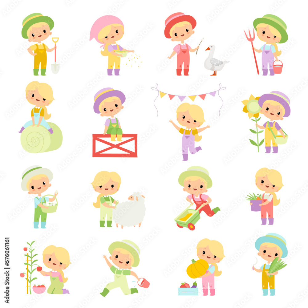 Little Blond Boy and Girl Farmer in Jumpsuit and Hat at Farm Working in the Garden Big Vector Set Little Blond Boy and Girl Farmer in Jumpsuit and Hat at Farm Working in the Garden Big Vector Set