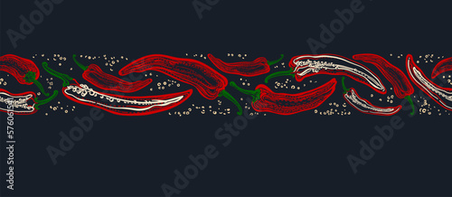 Red chili pepper border. Vector seamless pattern
