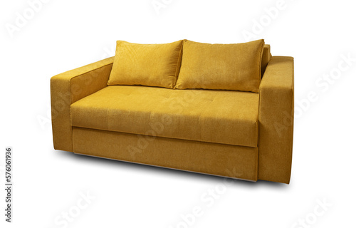 Yellow soft sofa isolated on transparent and white background.