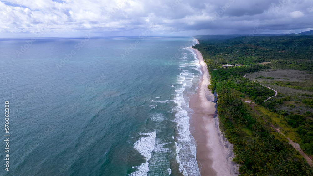 Aerial view of the paradisiacal beach of Itacarezinho, Itacare, Bahia, Brazil. Tourist place with sea and vegetation