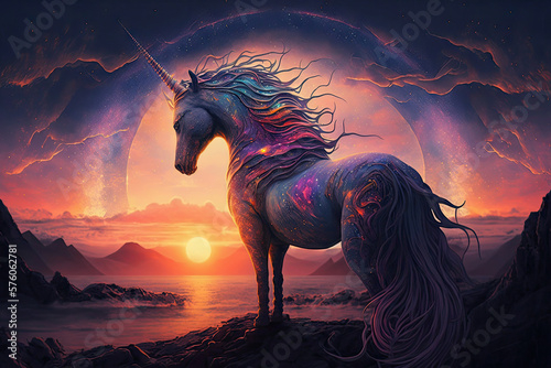 The Majestic Sunset of the Celestial Unicorn Generative AI © pngking