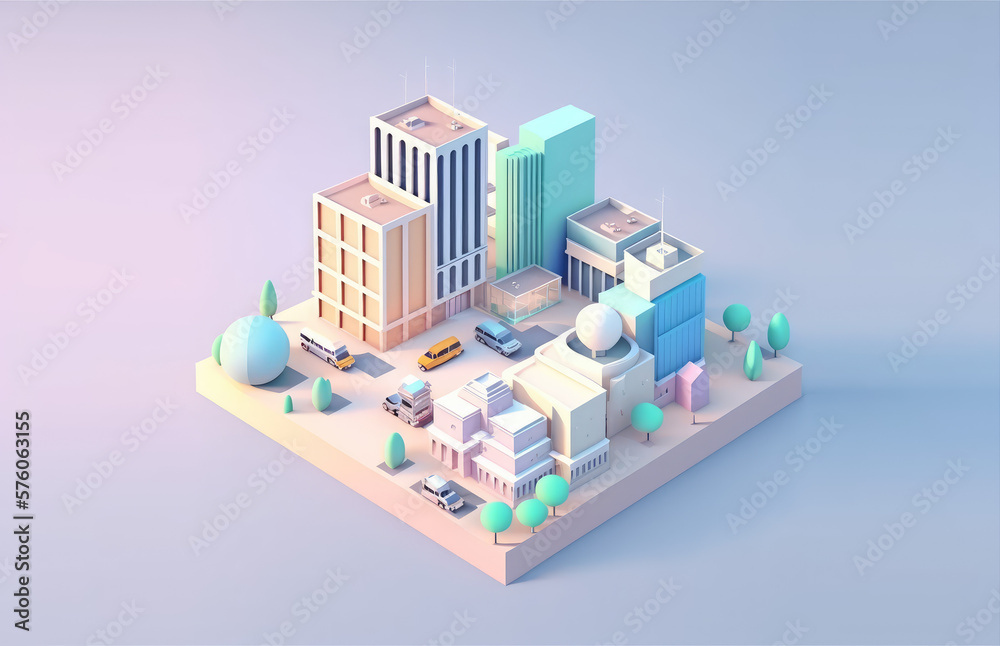 Isometric pastel city with trees in cartoon style. 3d town isolated on pastel background, copy space. 3d render illustration. Generative AI art.