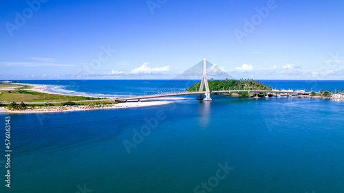 Aerial view of Ilheus, tourist town in Bahia. Historic city center with famous bridge in the background. photo