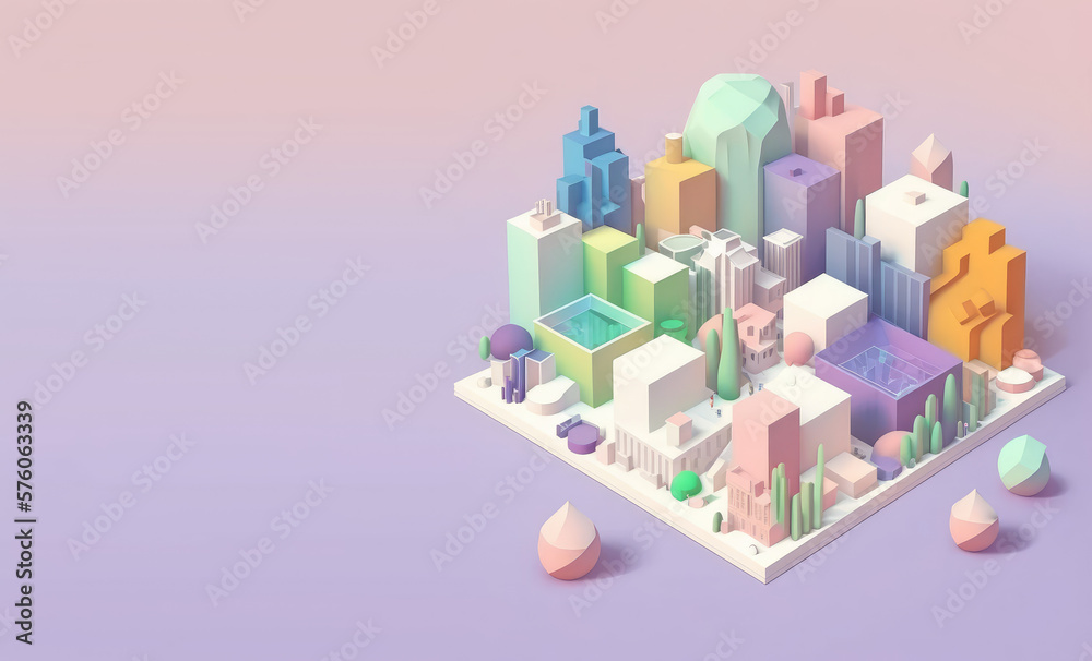 Isometric city with trees in cartoon style. 3d town isolated on pastel gradient background, copy space. 3d render illustration. Generative AI art.